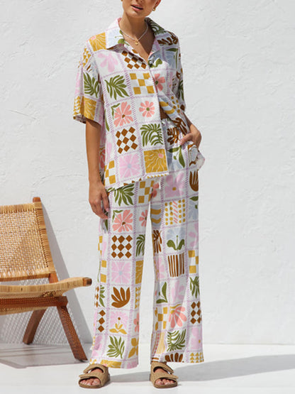 Completo di pantaloni a gamba larga con stampa casual in stile etnico per vacanze casual stampate multicolori 