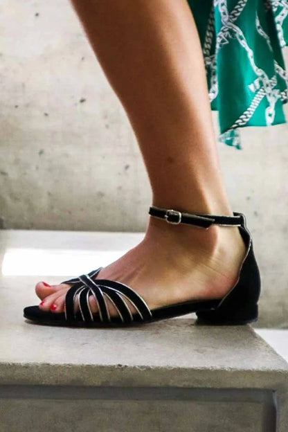 Contrast Trim Hollow Out Ankle Strap Buckle Black Sandals [Pre Order]