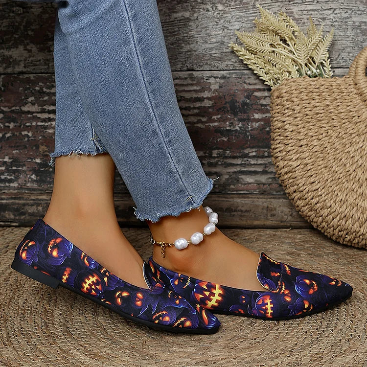 Halloween Demon Pumpkin Print Pointed Toe Flats