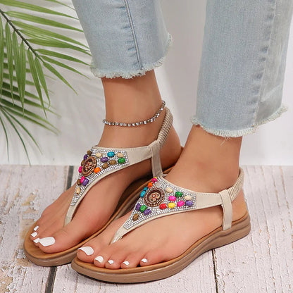 Boho Colourful Beads Rhinestone Flip Flops Elastic Band Sandals