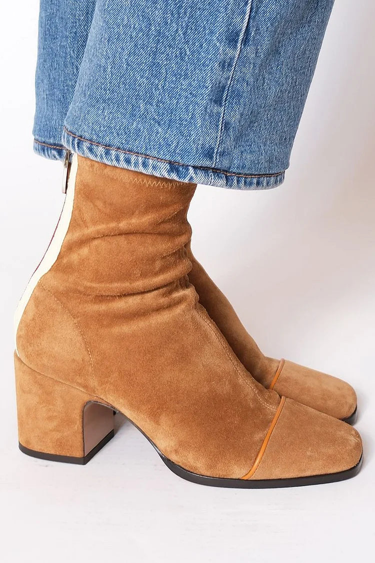 Colorblock Zipper Square Toe Chunky Heel Camel Mid Boots [Pre Order]