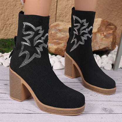 Embroidery Round Toe Chunky Heel Pull On Mid Boots