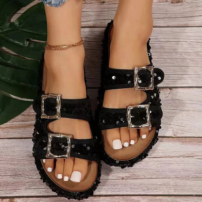 Sequin Double Straps Buckles Platform Soft-Soled Slippers