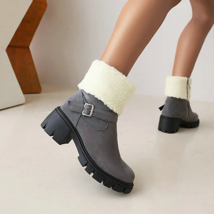 Round Toe Strap Buckle Decor Fluffy Trim Chunky Heel Snow Boots