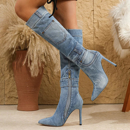 Denim Pocket Decor Patchwork Pointed Toe Stiletto Heel Knee High Boots