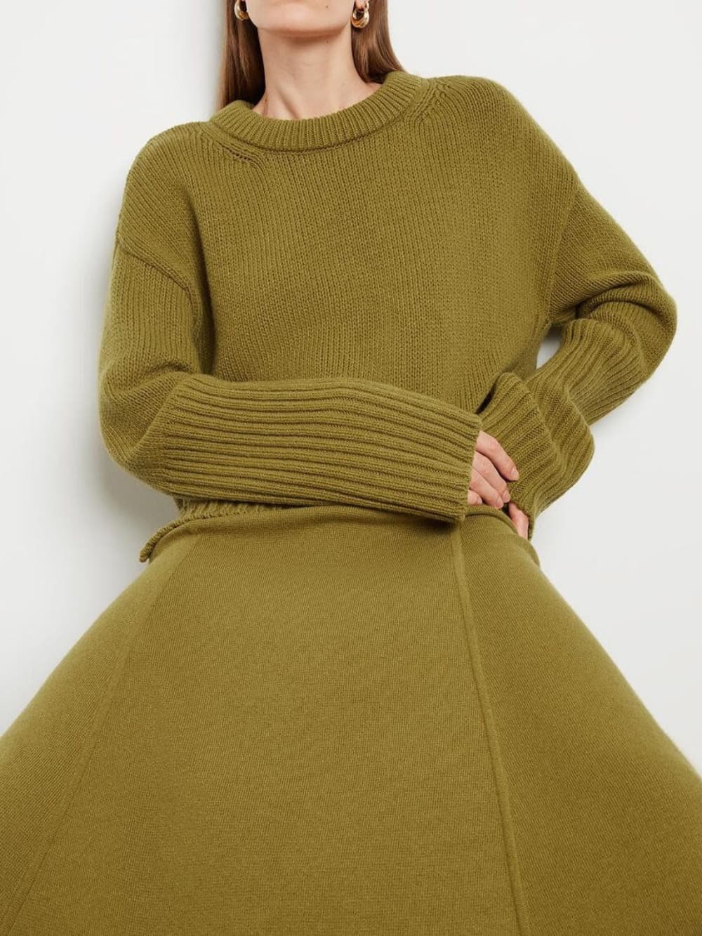 High-Cuff Crewneck Swearter Skirt Set