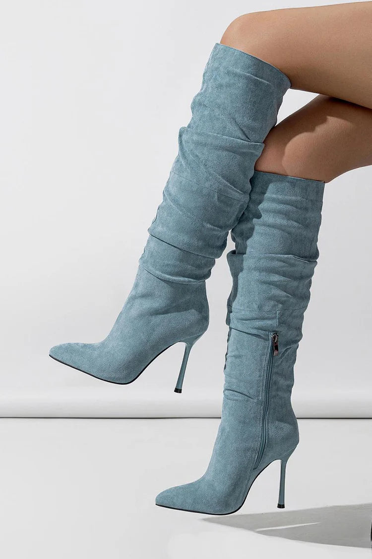 Ruched Pointed Toe Stiletto Heel Zipper Solid Color Knee High Boots