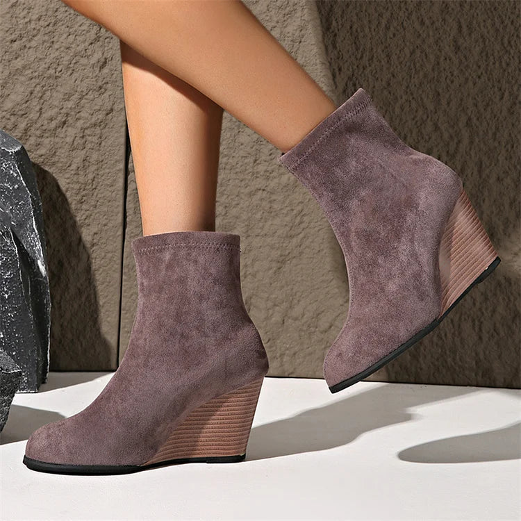 Solid Color Round Toe Wedge Heel Pull On Ankle Boots