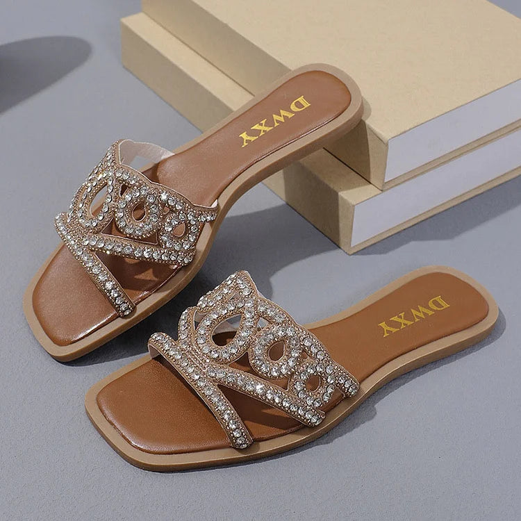 Fashion Rhinestone Hollow Out Square Toe Plain Slippers