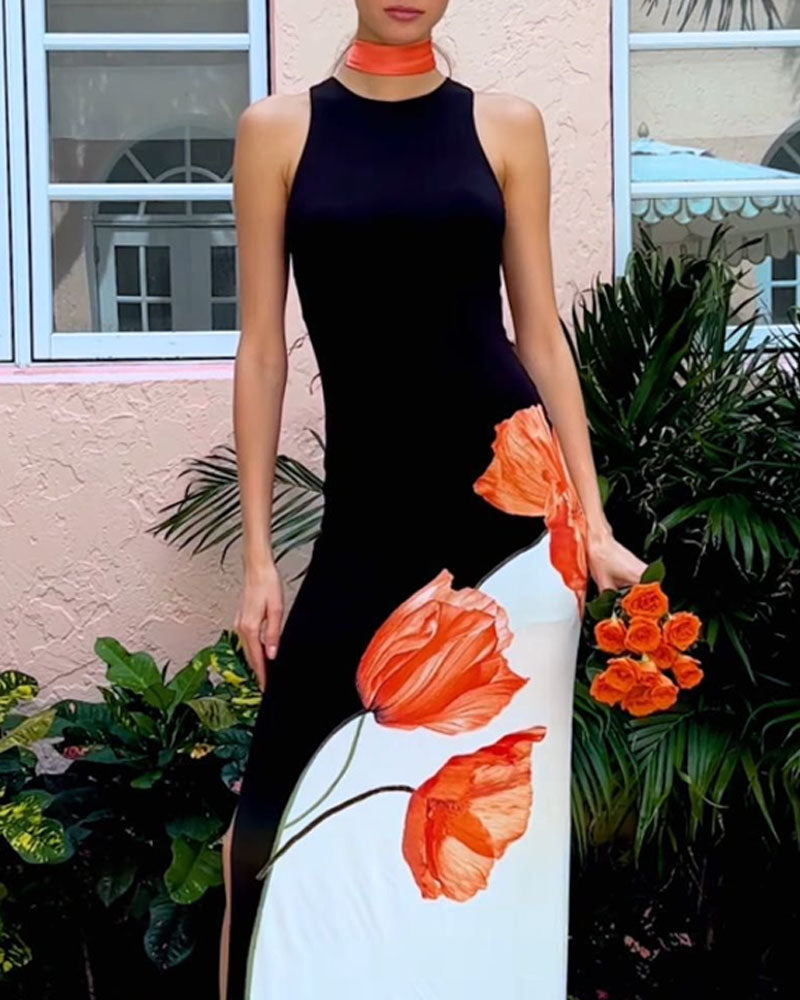 Fashion Colorblock Sleeveless Floral Print Dress