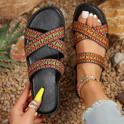 Retro Ethnic Pattern Cross Strap Round Toe Slippers