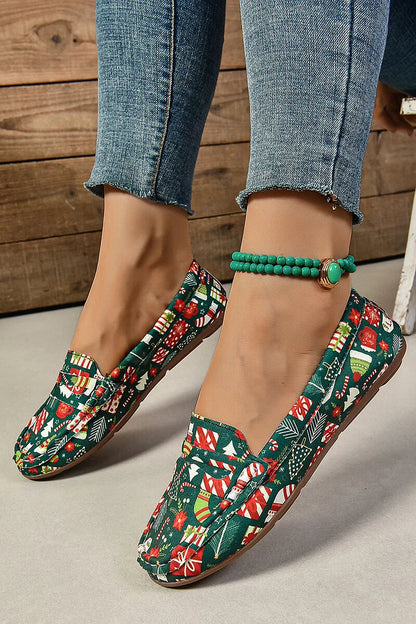 Christmas Print Patchwork Round Toe Casual Loafers