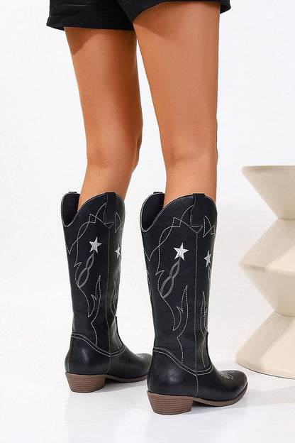 Embroidery Round Toe Patchwork Chunky Heel Knee High Boots