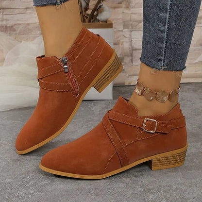 Crossover Strap Buckle Decor Round Toe Zipper Ankle Boots