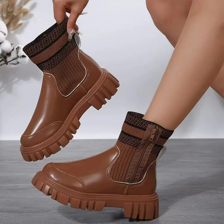 Patchwork Zipper Round Toe Casual Mid Boots