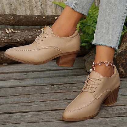 Patchwork Pointed Toe Chunky Heel Lace Up Oxfords