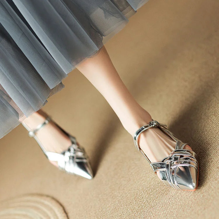 Metallic Sheen Hollow Out Pointy Toe Slingback Flats