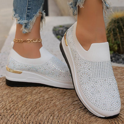 Rhinestone Embellished Round Toe Slip On Platform Casual Shoes Sneakers