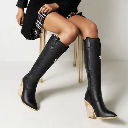 Snake Print Star Pattern V Cut Pointed Toe Chunky Heel Knee High Boots