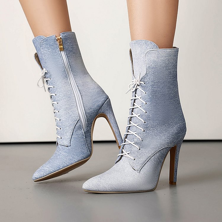 Denim Gradient Color Pointed Toe Stiletto Heel Lace Up Mid Calf Boots