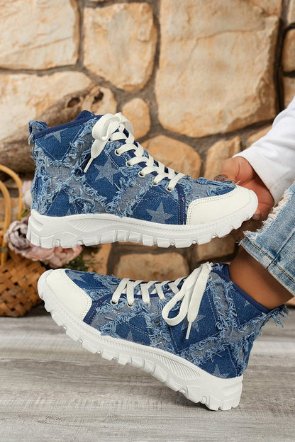 Star Pattern Raw Trim Patchwork Round Toe Lace Up Sneakers