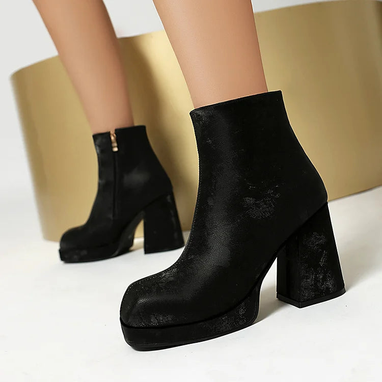 Solid Color Zipper Square Toe Chunky Heel Ankle Boots