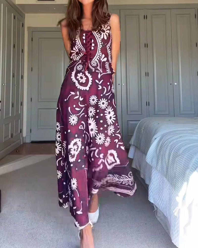 Stylish Print Lace-Up Top & Skirt Two-Piece Set