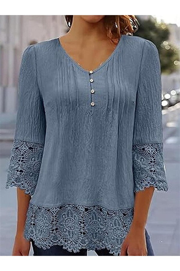 V-neck Plain Lace 3/4 Sleeve Loose Blouse