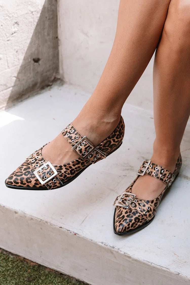 Two Strap Buckle Leopard Print Pointed Toe Brown Flats [Pre Order]