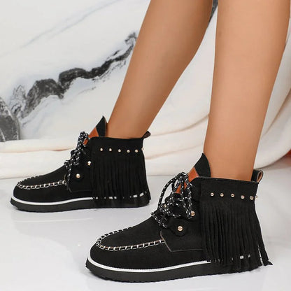 Fringed Trim Metal Rivets Stitch Detail Round Toe Lace Up Ankle Boots