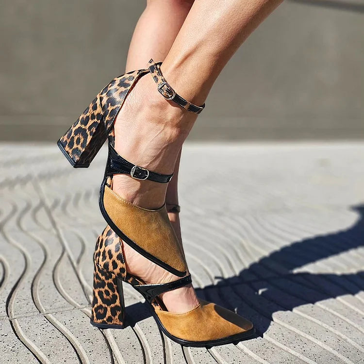 Colorblock Pointed Toe Leopard Print Khaki Chunky Heels