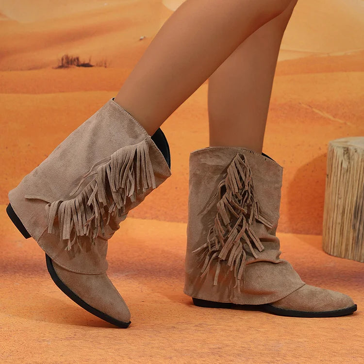 Fringed Trim Solid Color Fold Pointed Toe Chunky Heel Mid Boots