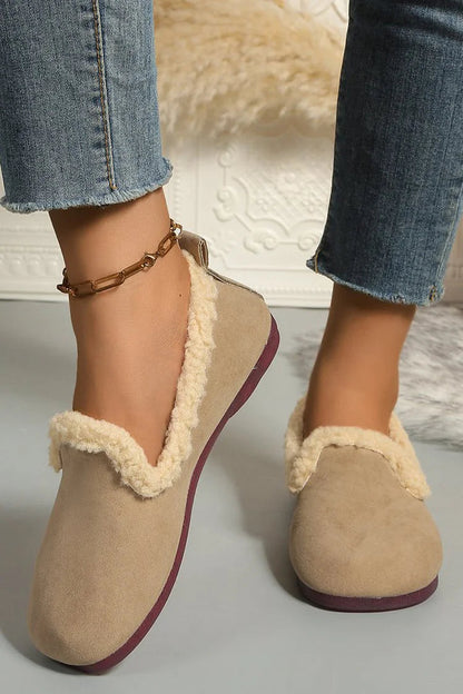 Round Toe Solid Color Faux Fur Lined Casual Loafers