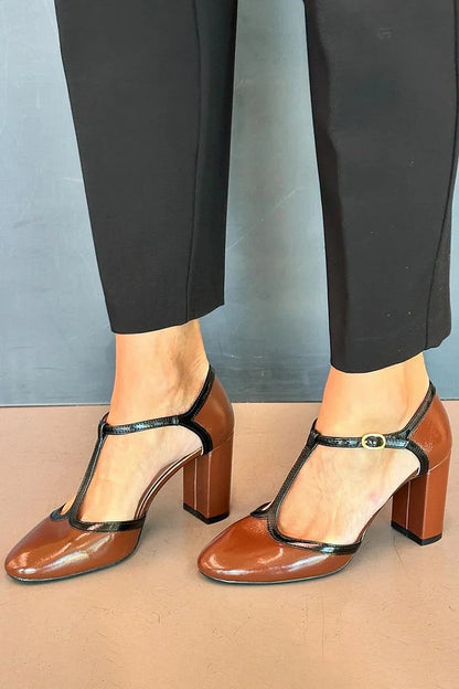 Colorblock T-Strap Buckle Brown Chunky Heels [Pre Order]