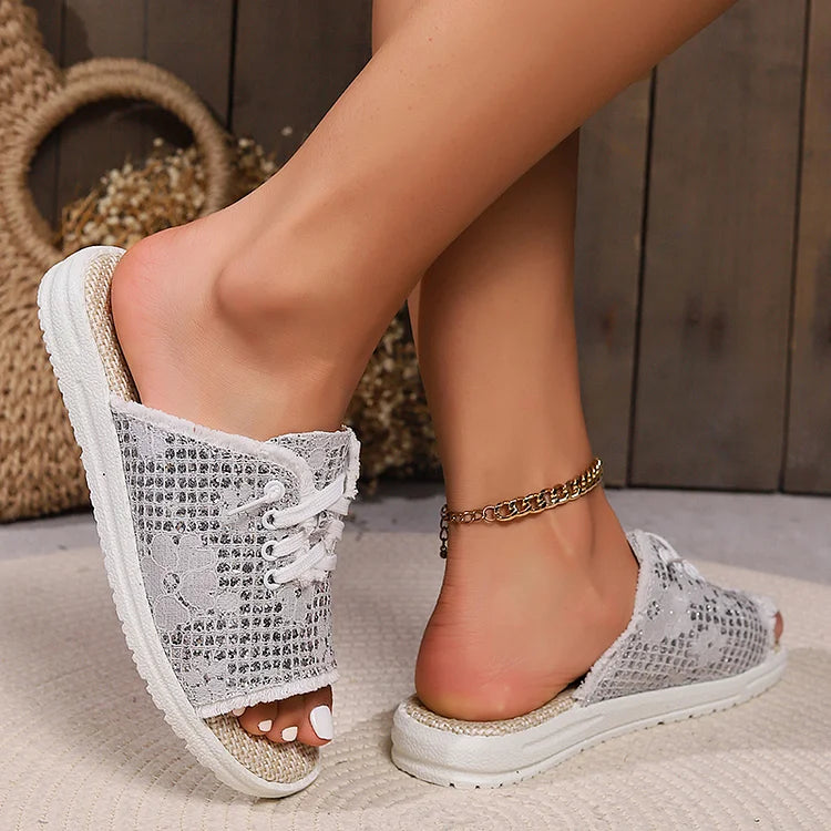 Rhinestone Tassels Raw Trim Lace Up Round Toe Chic Slippers