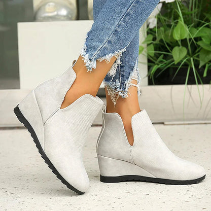 V Cut Solid Color Round Toe Wedge Heel Slip On Ankle Boots