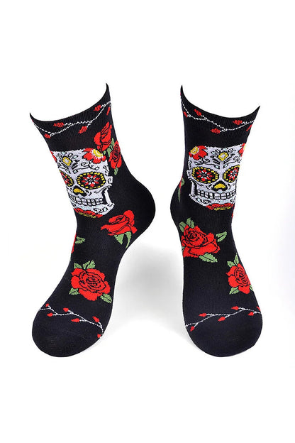 Halloween Roses Skeleton Skull Pattern Mid Calf Socks