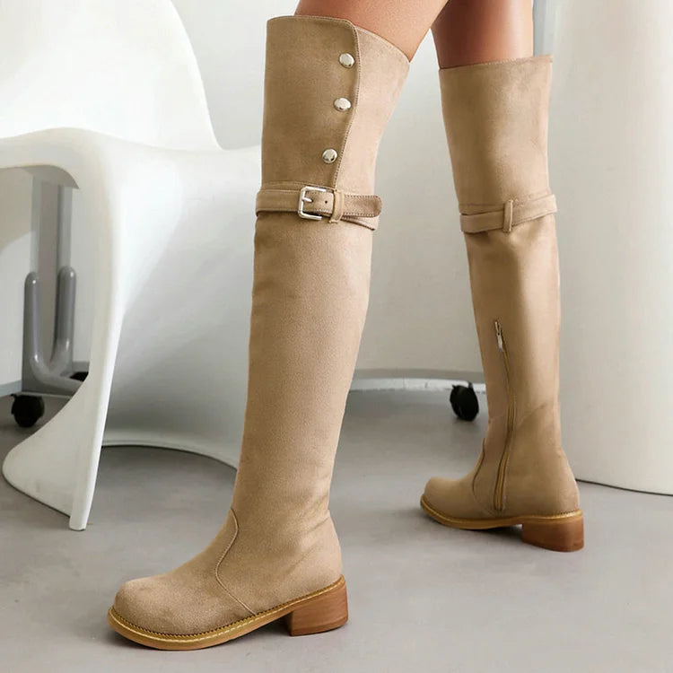 Metal Button Strap Buckle Decor Round Toe Over The Knee Boots