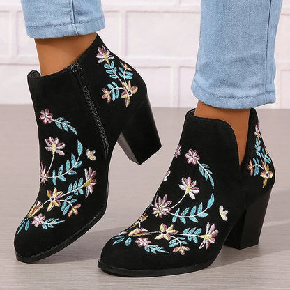 Floral Leaf Embroidery Round Toe Zipper Chunky Heel Ankle Boots