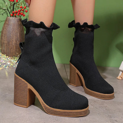 Knitted Frilled Round Toe Chunky Heel Pull On Mid Boots