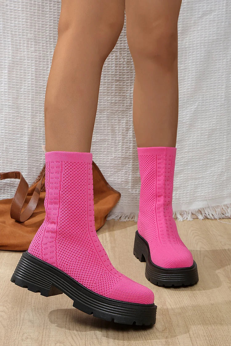 Knitted Round Toe Chunky Heel Pull On Mid Sock Boots