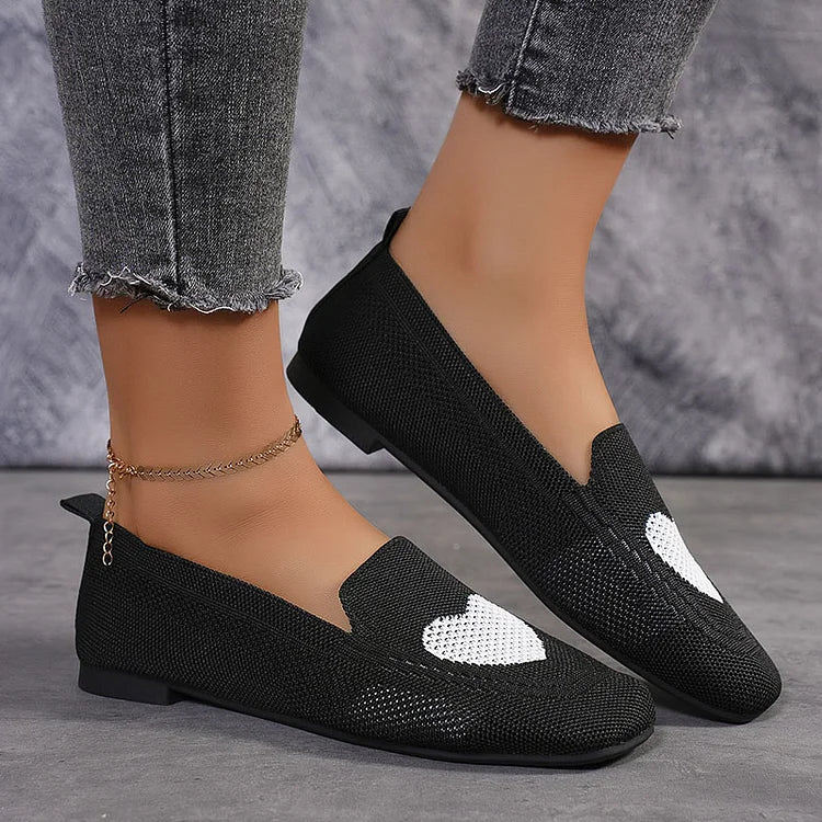 Heart Pattern Print Square Toe Slip On Knit Casual Flats