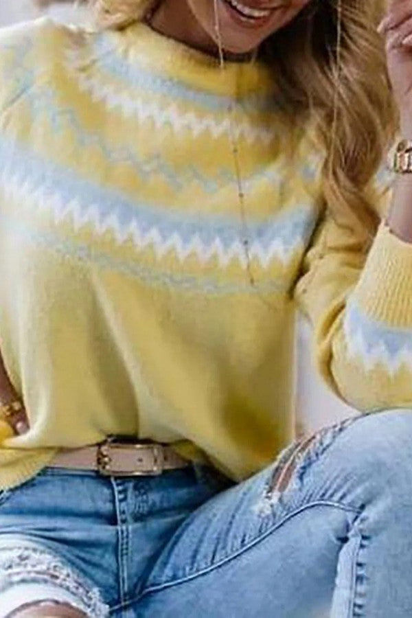 Geometric Stripe Crew Neck Long Sleeves Sweater