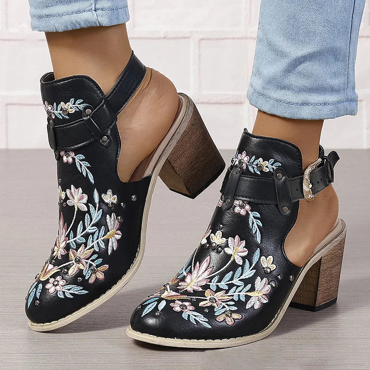 Floral Embroidery Metallic Studded Round Toe Slingback Chunky Heels