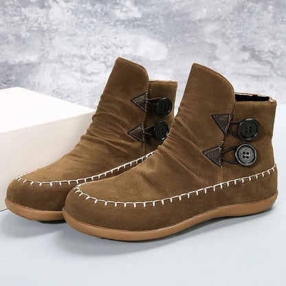 Stitch Detail Round Toe Buttons Casual Flat Ankle Boots