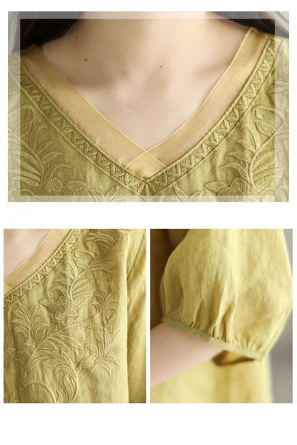 Floral Embroidery V-neck Loose Casual Shirt