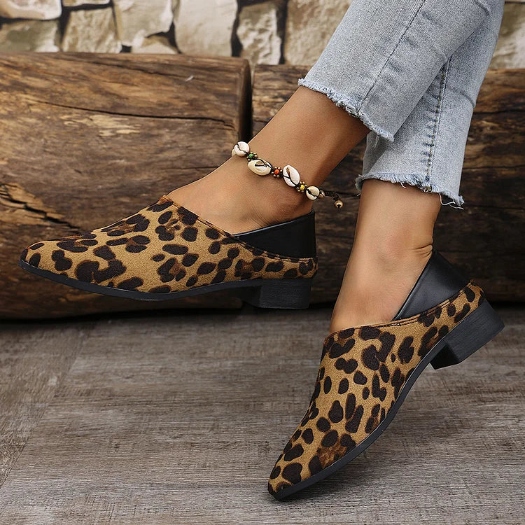 Leopard Pattern Patchwork Pointed Toe Slip On Flats