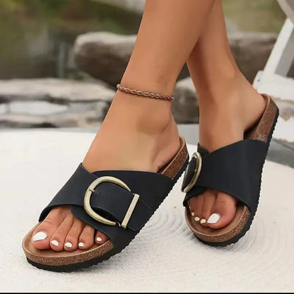 Buckle Strap Design Soft-Soled Round Toe Casual Plain Slippers