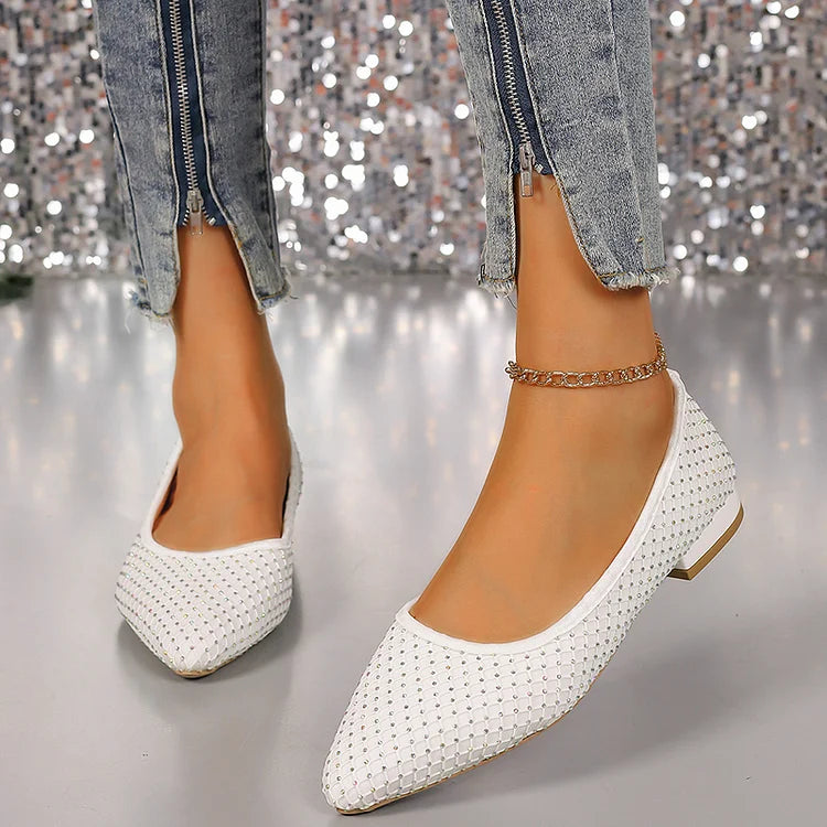 Rhinestone Decor Fishnet Patchwork Pointed Toe Flats