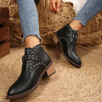 Metal Rivets Decor Patchwork Strap Buckle Chunky Heel Ankle Boots